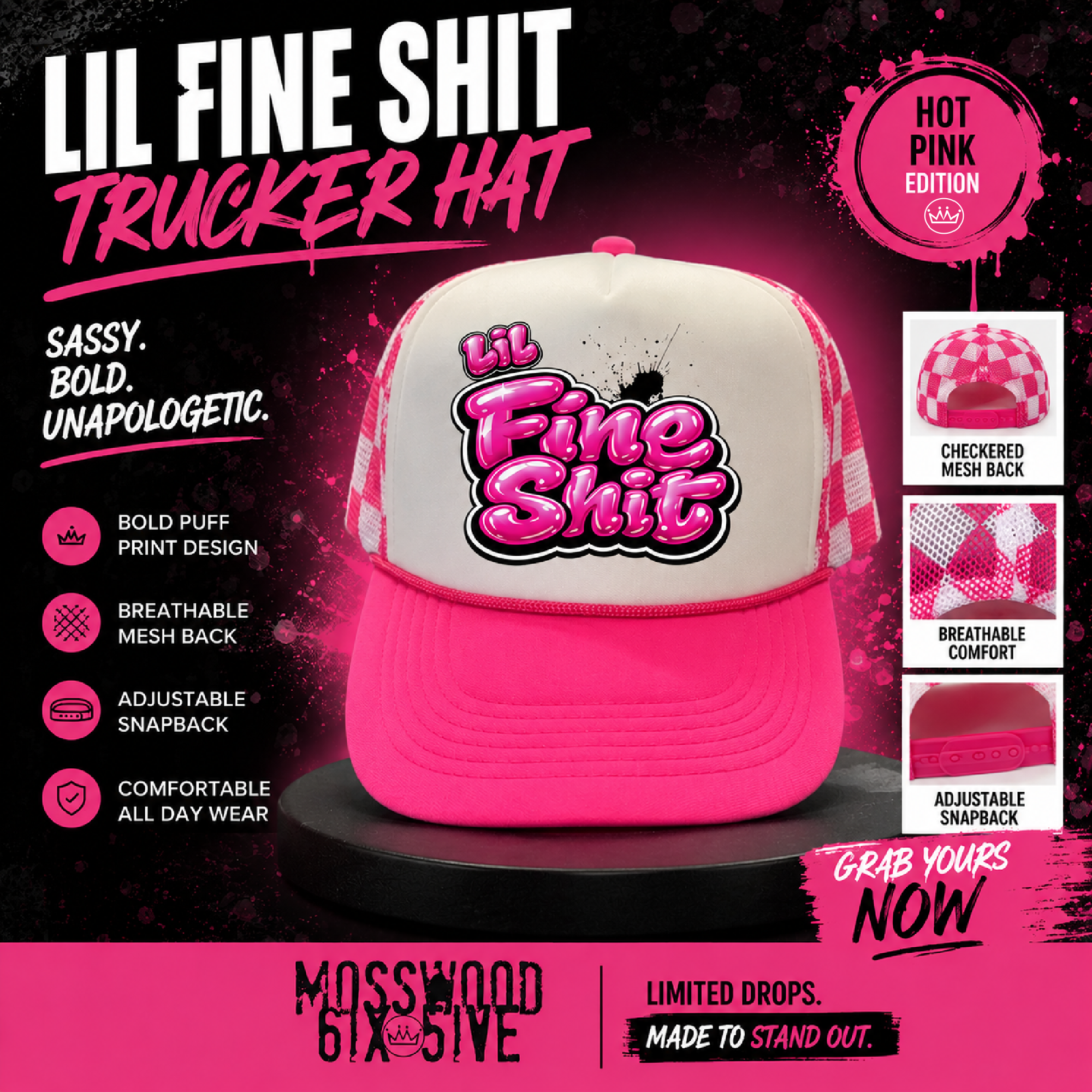 Mosswood 6ix 5ive "Lil Fine Sh!t" hot pink checkered trucker hat